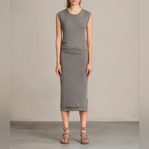 All Saints Gamma Midi Dress Stretchy Grey Brown Size Small Short Sleeves